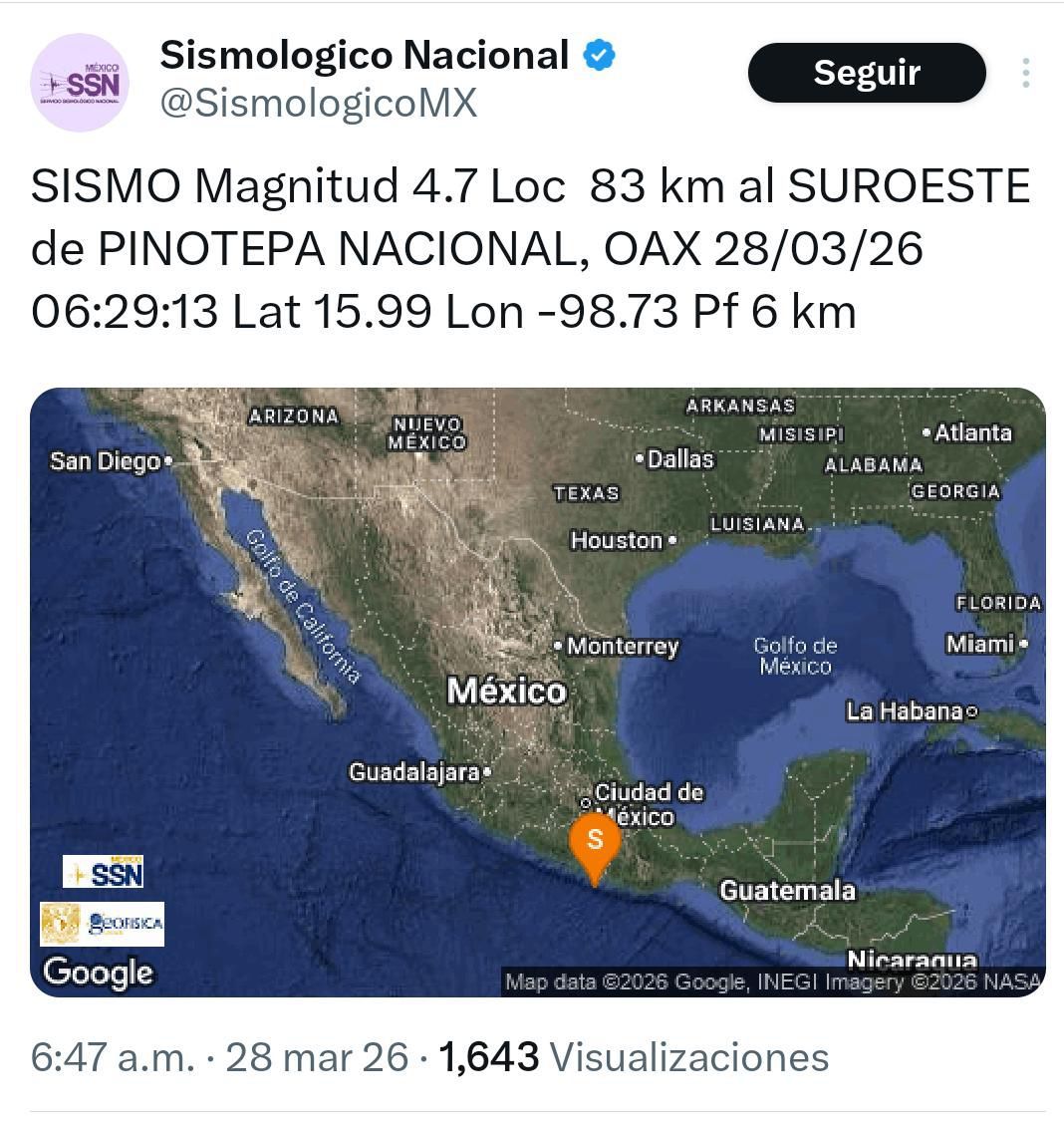 Se registra sismo en Pinotepa Nacional; no se reportan daños