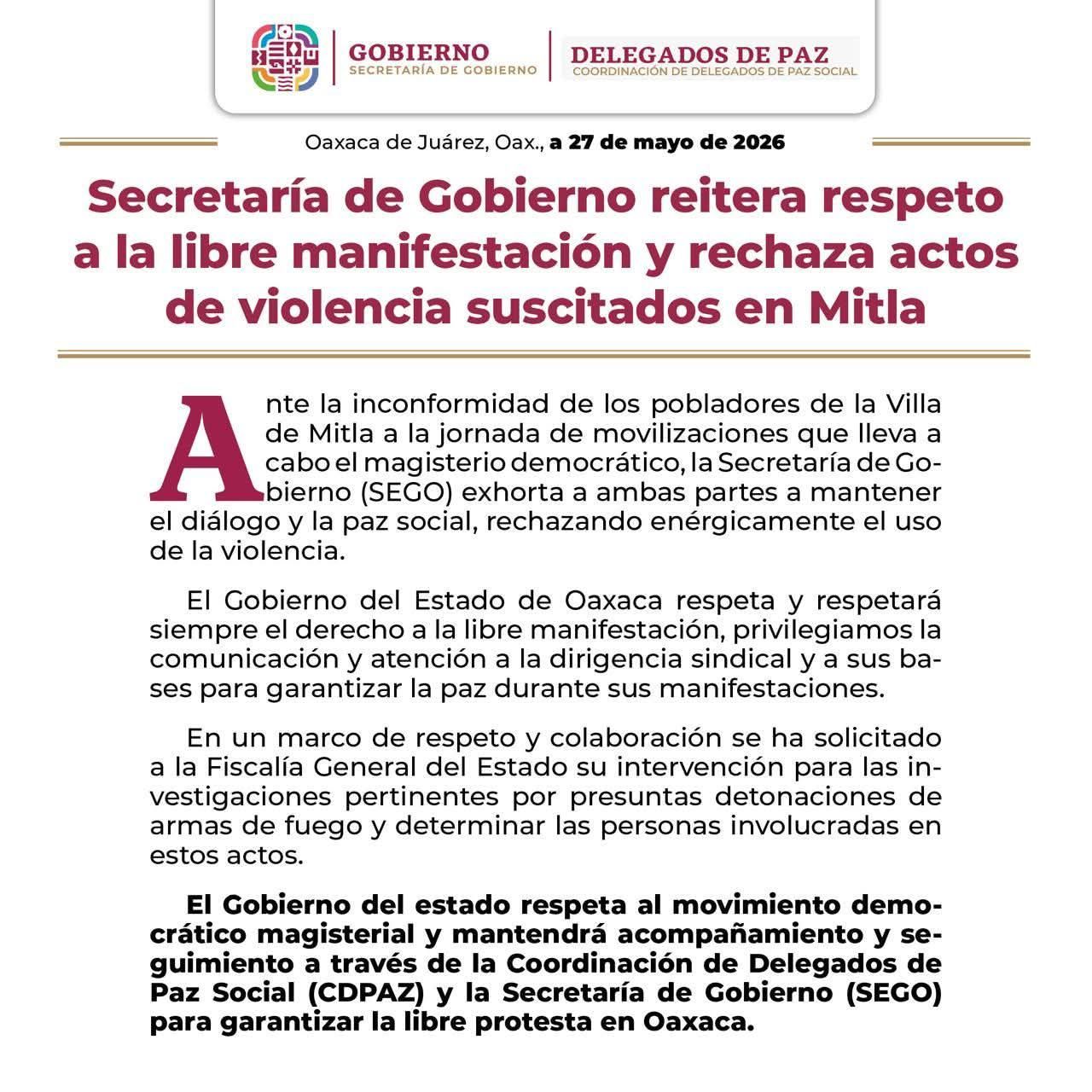 Secretaría de Gobierno reitera respeto a la libre manifestación y rechaza actos de violencia suscitados en Mitla