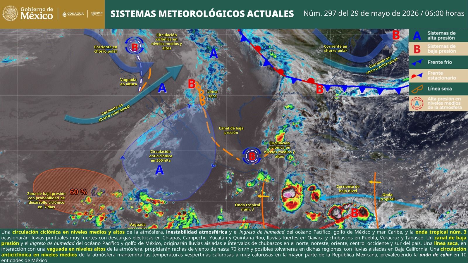 Canal de baja presión y circulación ciclónica mantendrán temporal lluvioso
